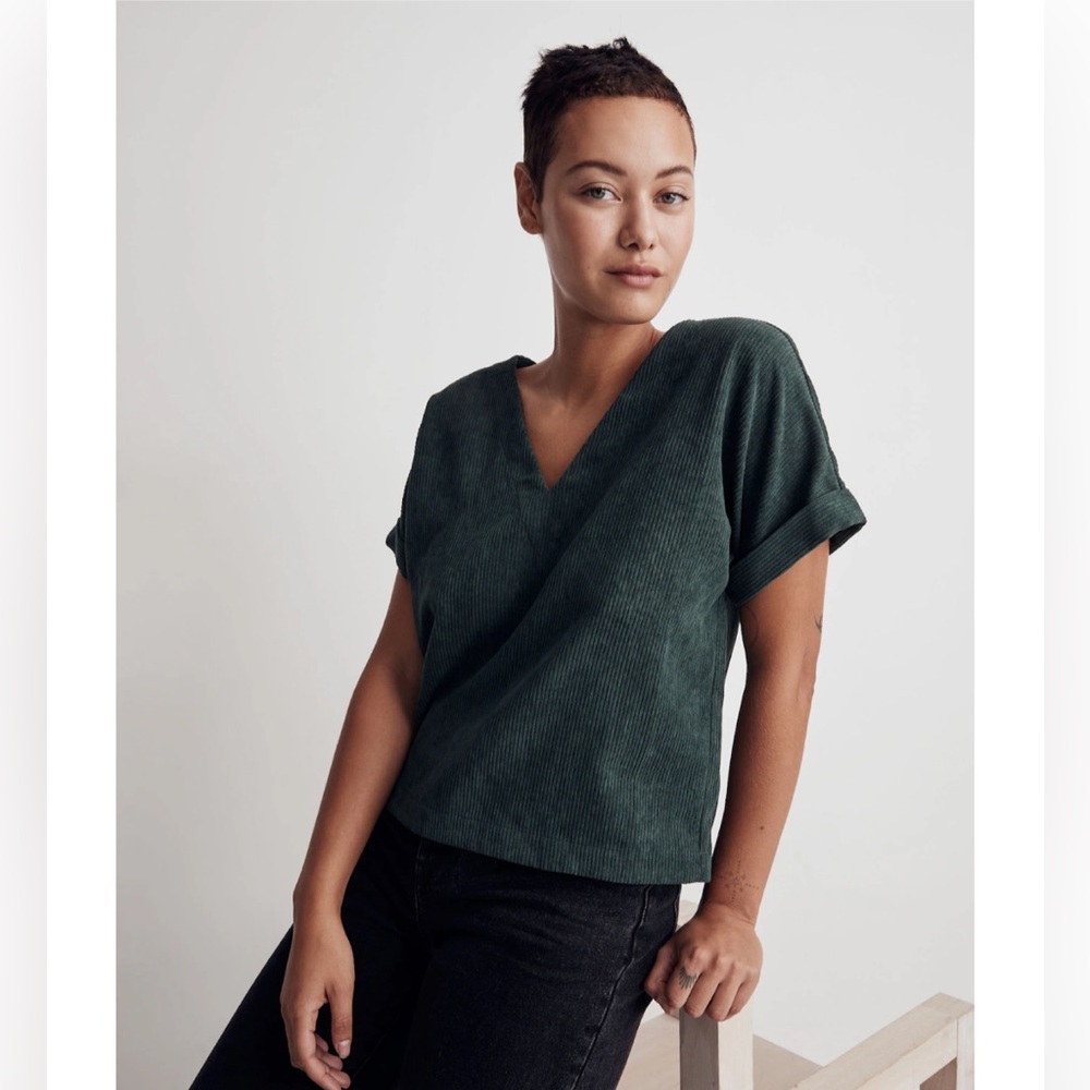 Madewell Corduroy V Neck Top in Dark Palm
